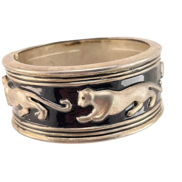Walking Leopard Enamel and Silver Plate Bangle Bracelet Hinged Black Silver - Picture 1 of 6
